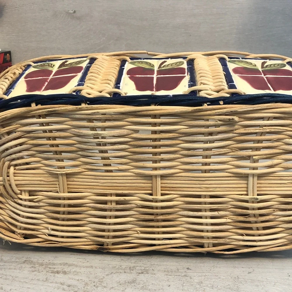 Grandmacore Wicker Basket with Handles  & 3 Painted Apples Tile  15” x 7” x 6”